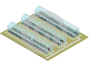 Mass farm. Isometric greenhouse with glass walls, foundations, gable roof.