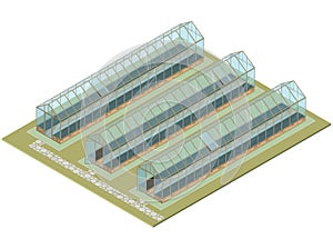 Mass farm. Isometric greenhouse with glass walls, foundations, gable roof.