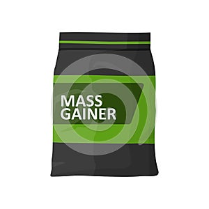 Mass gainer foil isolated on white background. Sports nutrition icon container package, fitness protein power photo