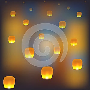 Mass group of flying chinese lanterns