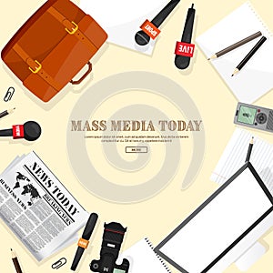 Mass media background with microphone in a flat style.Press conference with correspondent and reporter.Broadcasting