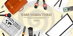 Mass media background with microphone in a flat style.Press conference with correspondent and reporter.Broadcasting