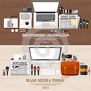 Mass media background with microphone in a flat style.Press conference with correspondent and reporter.Broadcasting