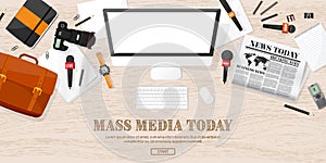 Mass media background with microphone in a flat style.Press conference with correspondent and reporter.Broadcasting