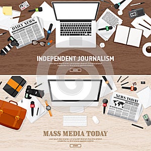Mass media background with microphone in a flat style.Press conference with correspondent and reporter.Broadcasting