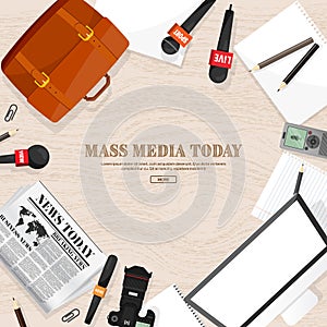 Mass media background with microphone in a flat style.Press conference with correspondent and reporter.Broadcasting