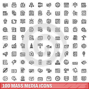 100 mass media icons set, outline style