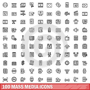 100 mass media icons set, outline style