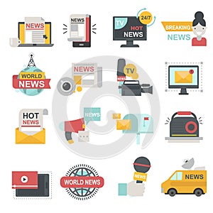 Mass media icons set with telecommunications radio beaking news broadcast TV or website symbols flat isolated vector
