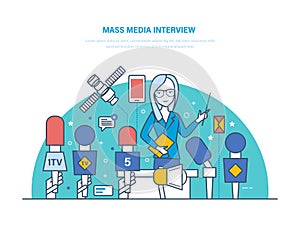 Mass media interview. Live press conference, journalism. Communications, questions, news.