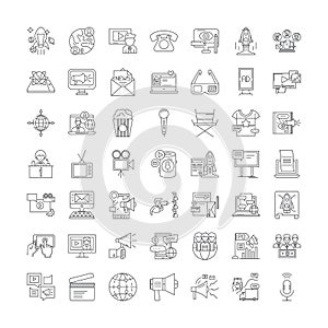 Mass media linear icons, signs, symbols vector line illustration set