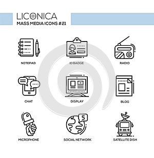 Mass Media - monochromatic modern single line icons set