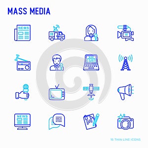 Mass media thin line icons set: journalist, newspaper, article,