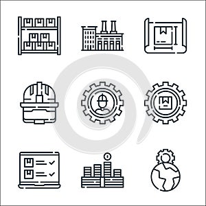 mass production line icons. linear set. quality vector line set such as world, money, shipping, package, worker, hard hat, package