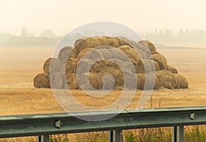 Mass stacked pile of hay ricks in foggy farm field by the road