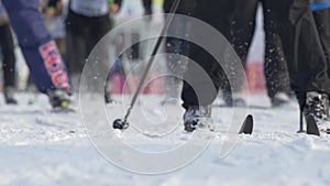 Mass start men athletes skiers during Championship on cross country skiing