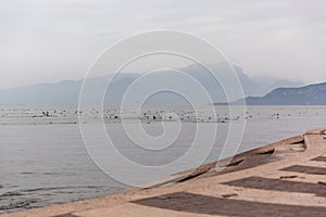 Mass take off of hundreds of ducks, geese and swans from a lake Garda, Italy