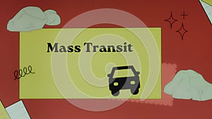 Mass transit inscription on yellow and red background with moving car symbol. Transportation concept