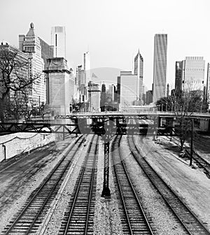 Mass Transit Rails Central Chicago Illinois Downtown City Skyline