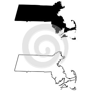 Massachusetts MA state Maps. Black silhouette and outline isolated on a white background. EPS Vector photo