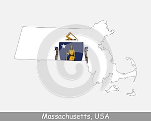 Massachusetts Map Flag. Map of MA, USA with the state flag isolated on white background. United States, America, American, United