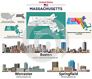 Massachusetts\'s counties map and congressional districts since 2023 map. Skylines of Boston, Worcester and Springfield