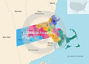 Massachusetts state counties colored by congressional districts vector map with neighbouring states and terrotories