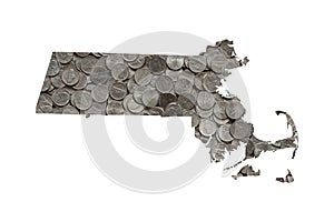 Massachusetts State Map Outline and Piles of Nickels, Money Concept