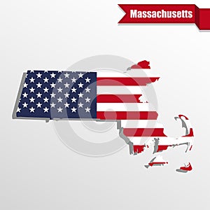 Massachusetts State map with US flag inside and ribbon