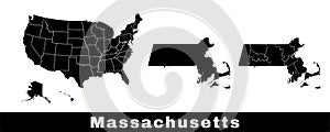 Massachusetts state map, USA. Set of Massachusetts maps with outline border, counties and US states map. Black and white color