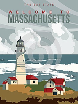 Massachusetts is on a tourist poster. Vintage lighthouse. The east state of the US. Boston area. Lighthouse and bay