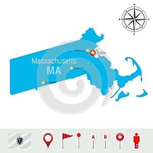 Massachusetts Vector Map Isolated on White. High Detailed Silhouette of Massachusetts. Official Flag of Massachusetts