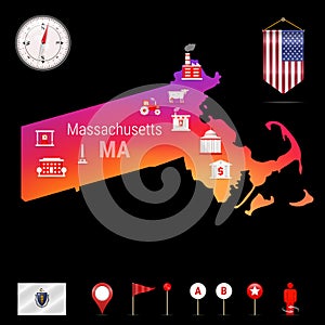 Massachusetts Vector Map, Night View. Compass Icon, Map Navigation Elements. Pennant Flag of the USA. Industries Icons