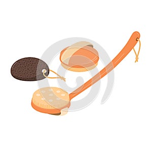 Massage brushes and loofah sponge, wellness spa concept vector illustration