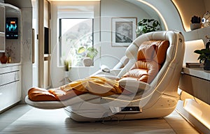 Massage chair is placed in living room. Modern advancements in medical technology have made it feasible for individuals