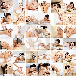 Massage collection. Health care, healing and medicine concept. Beautiful women in spa. Hot stones, massaging balls and