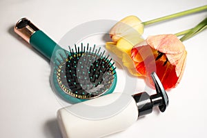 massage comb and hair care products.
