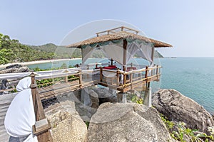 Massage gazebo overlooking the sea. Spa massage room on the beach in Thailand