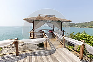 Massage gazebo overlooking the sea. Spa massage room on the beach in Thailand