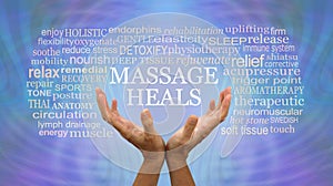 Massage heals blue word tag cloud