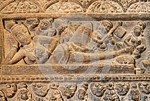 Massage for the Indian goddess on relief of 7th century temple in Pattadakal, India. UNESCO World Heritage site