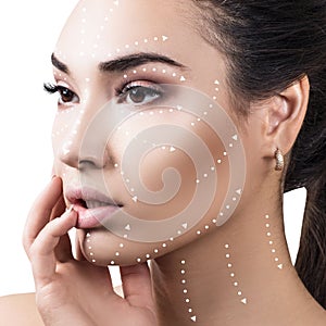 Massage lines on beautiful female face show directions.