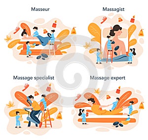 Massage and masseur concept set. Spa procedure in beauty salon.