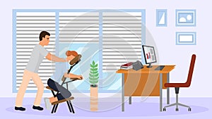 Massage at office workplace with portable massage chair vector illustration.