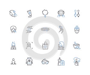Massage parlor line icons collection. Relax, Soothe, Rejuvenate, Detoxify, Therapy, Wellness, Serenity vector and linear