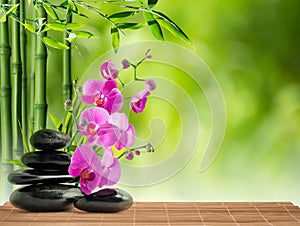 Massage with purple orchid and bamboo on water