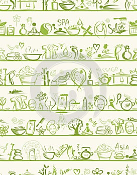 Massage and spa design elements on shelves,