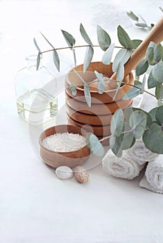 Massage and Spa products with branches of eucalyptus.