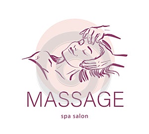 Massage spa salon logo design. Human hands massaging beautiful lady model face laying.