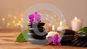 Massage stone, orchid flowers and burning candles. Spa and beauty background